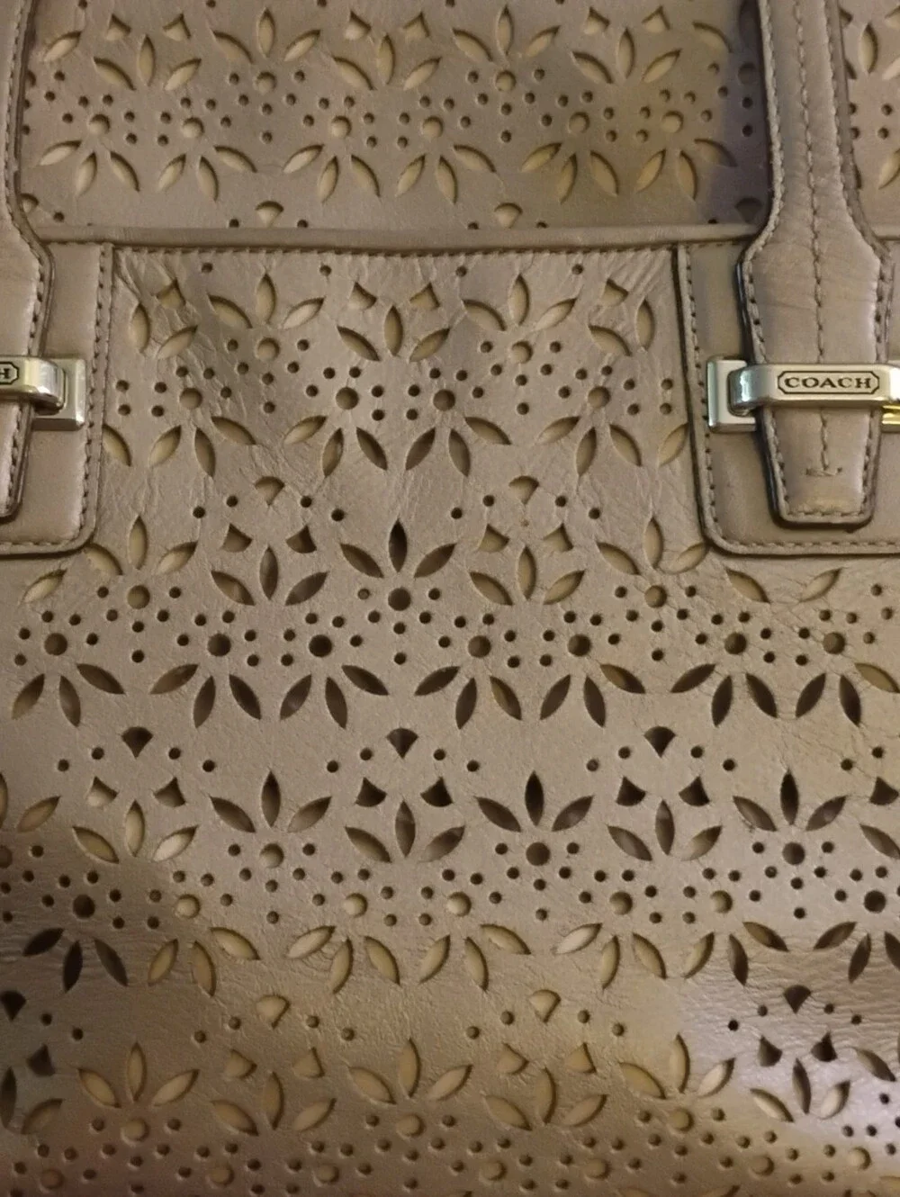 Coach Laser Etched Perforated Floral Leather Tote - Tan